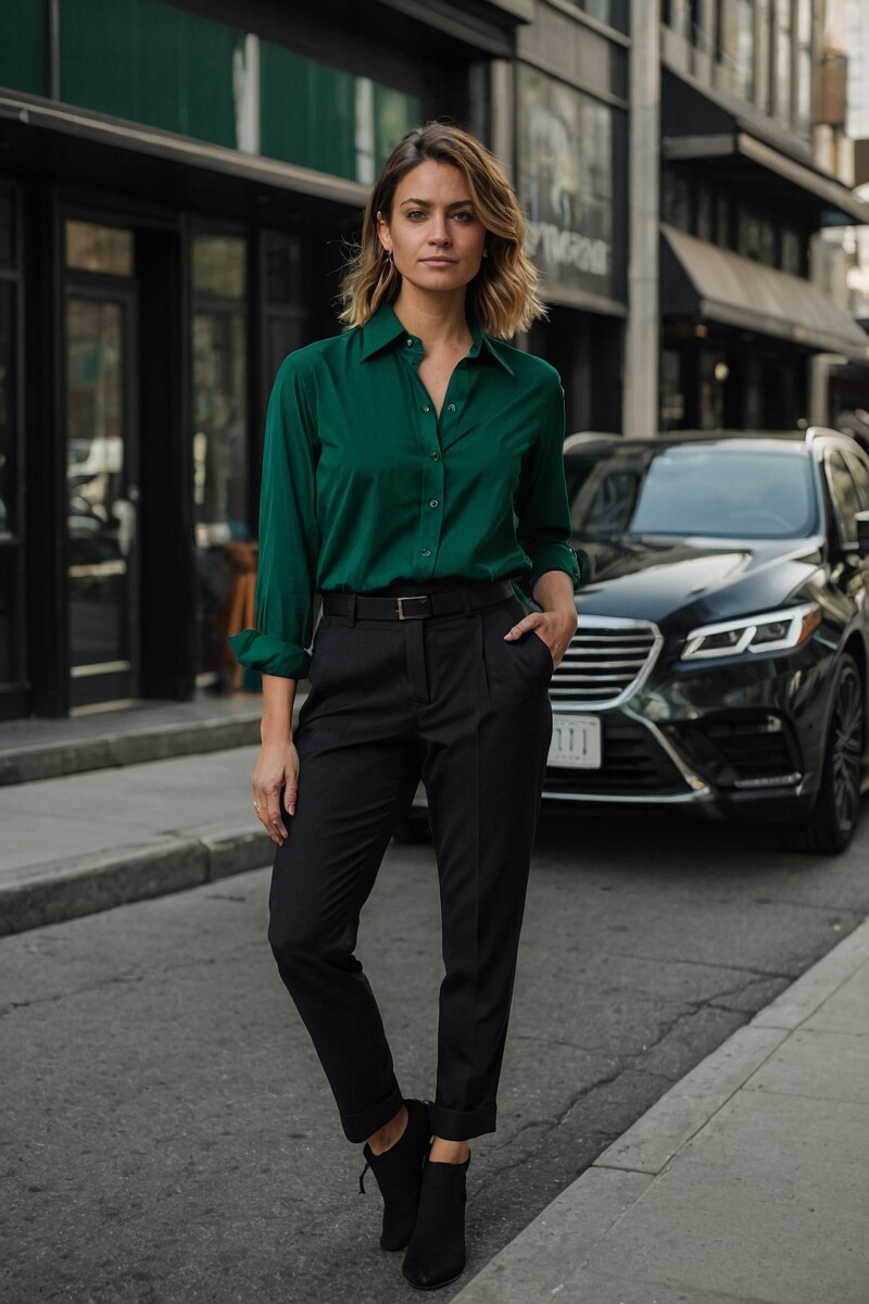 Female Emerald Green Dress Shirt With Black Pants 1