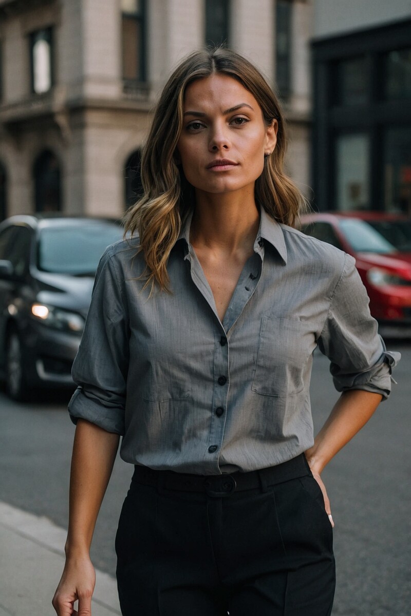 Female Gray Dress Shirt With Black Pants 2