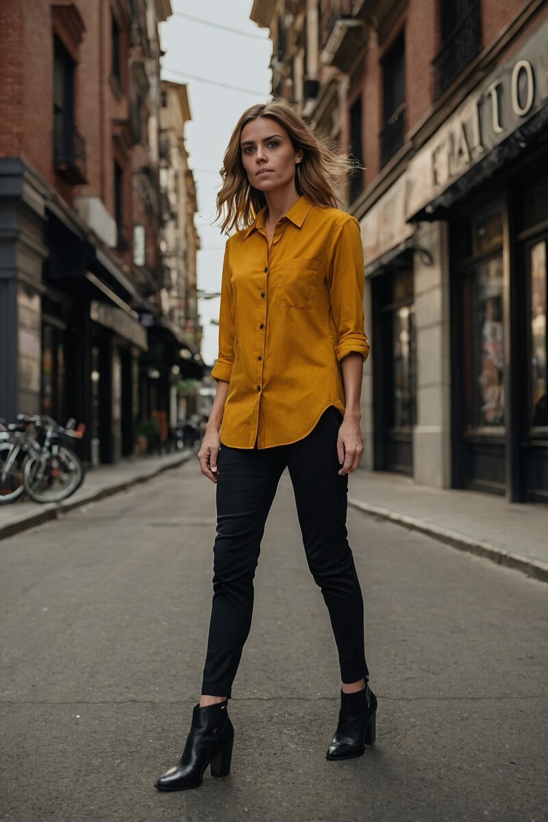 Female Mustard Yellow Dress Shirt With Black Pants 1