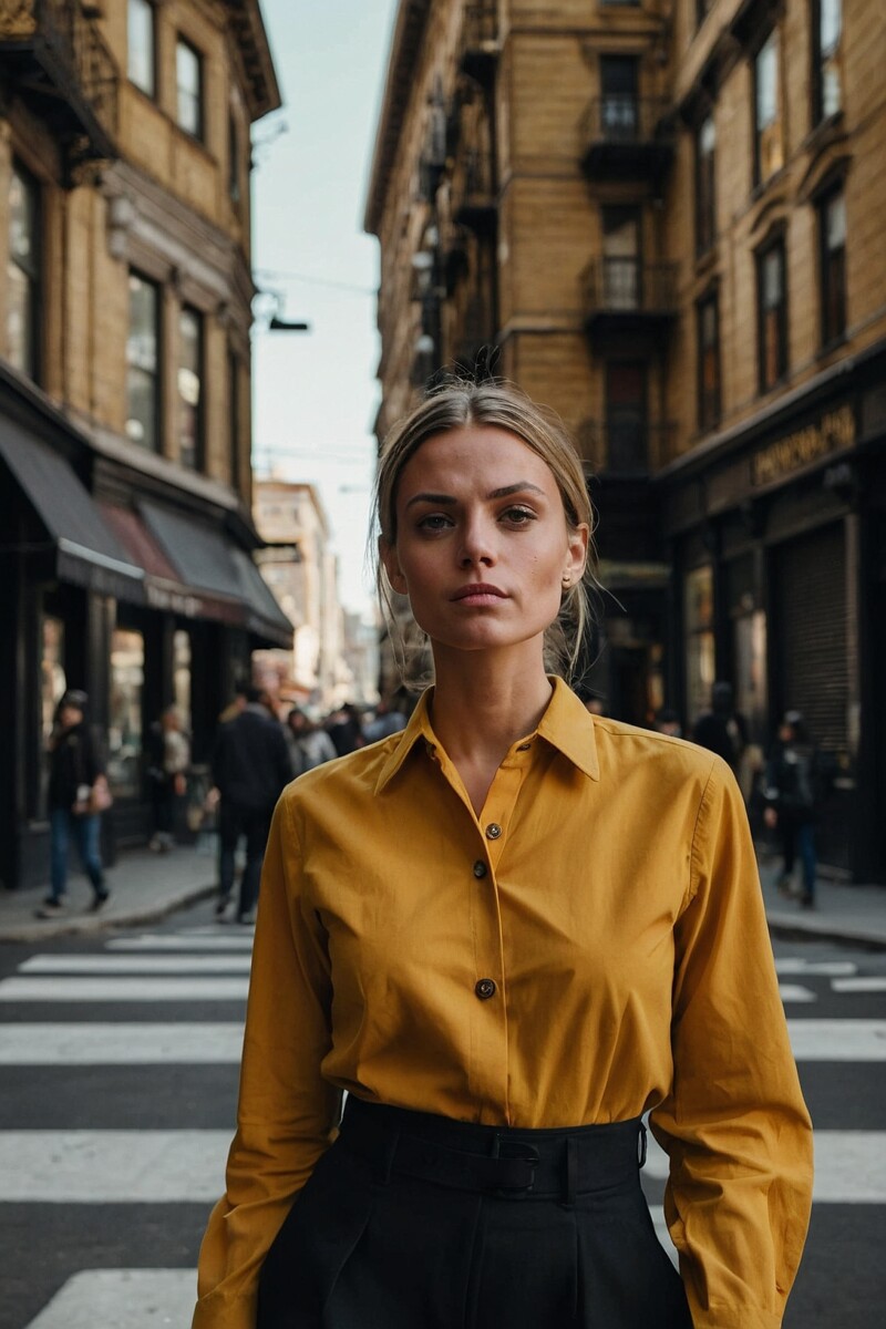 Female Mustard Yellow Dress Shirt With Black Pants 2