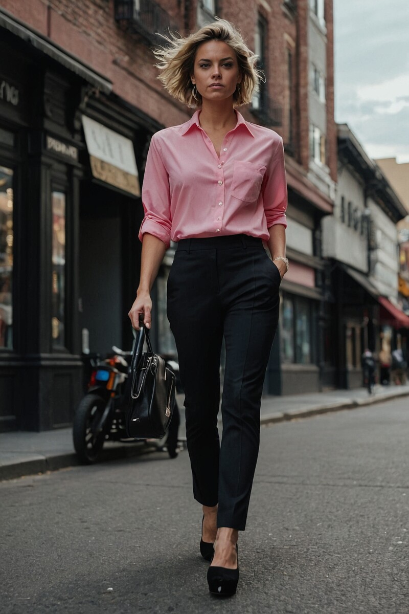 Female Pink Dress Shirt With Black Pants 2