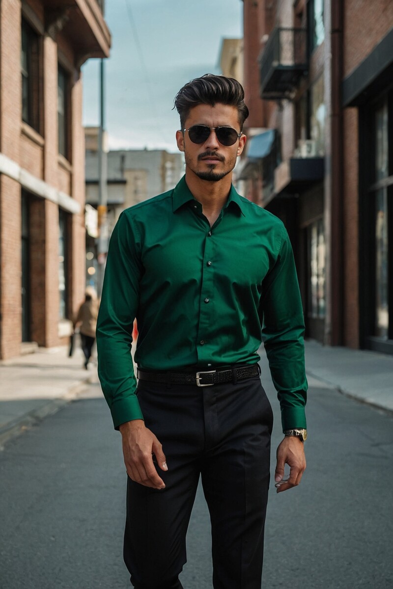 Male Emerald Green Dress Shirt With Black Pants 2