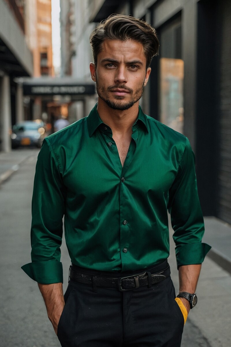 Male Emerald Green Dress Shirt With Black Pants1