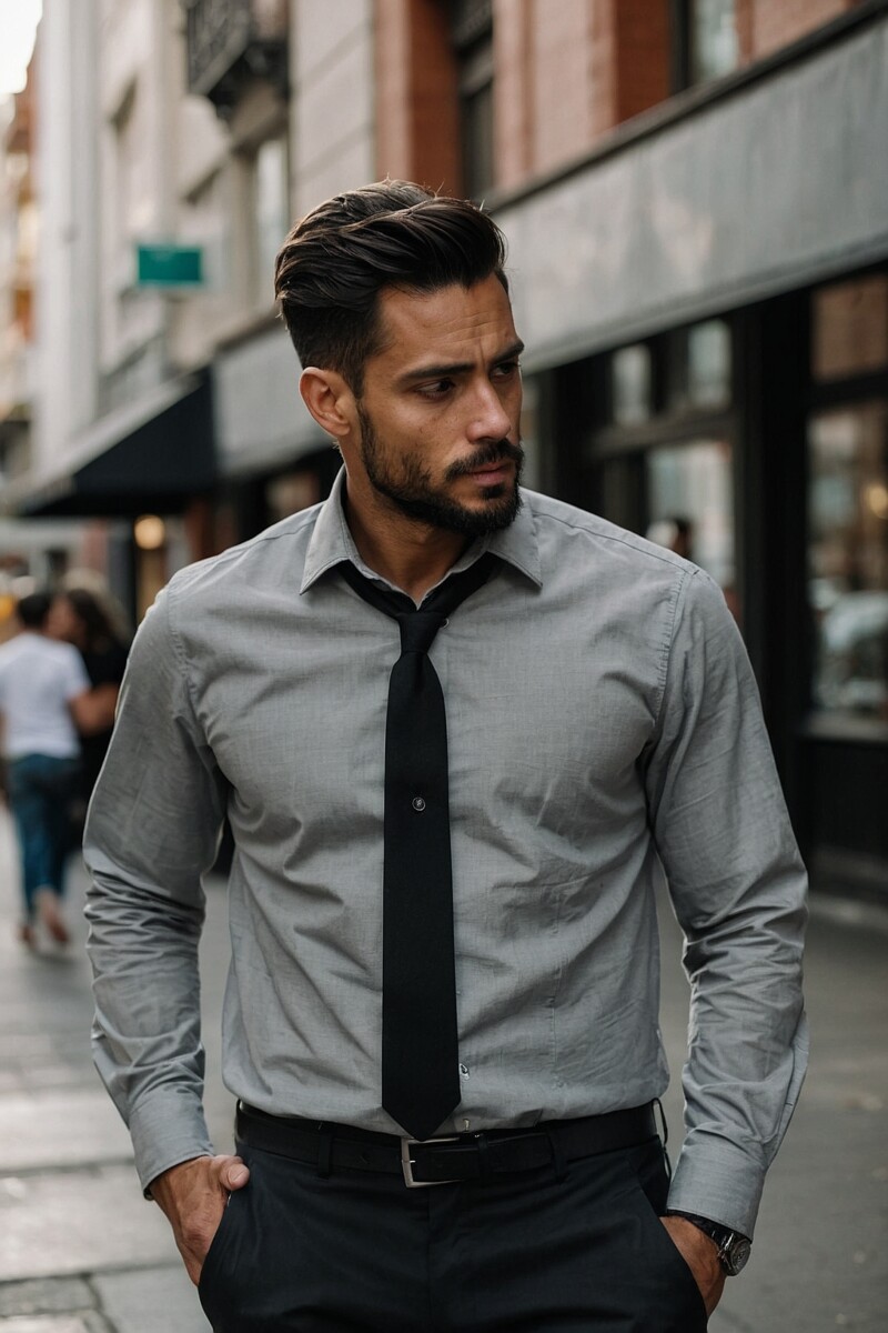 Male Gray Dress Shirt With Black Pants 1