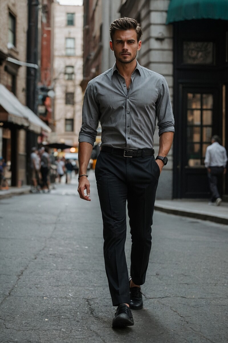 Male Gray Dress Shirt With Black Pants 2