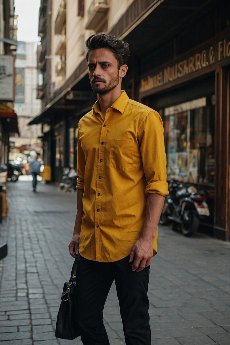 Male Mustard Yellow Dress Shirt With Black Pants 1