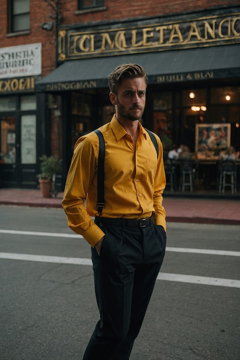 Male Mustard Yellow Dress Shirt With Black Pants 2