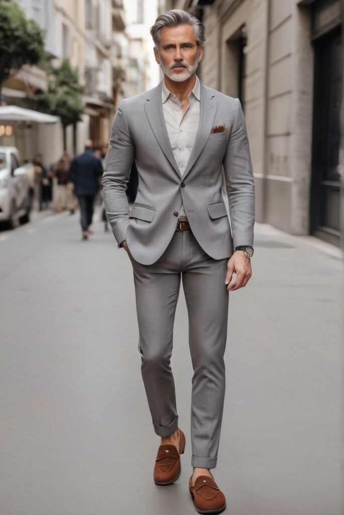 Male Wear Grey Pants With Brown Loafers 1