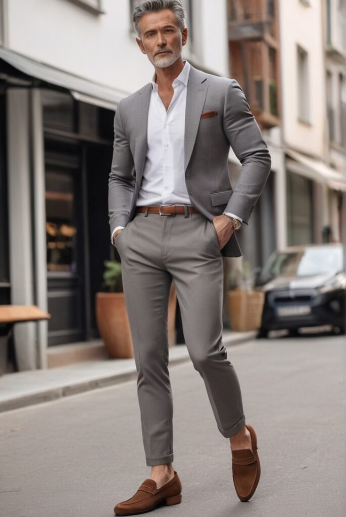 Male Wear Grey Pants With Brown Loafers 2