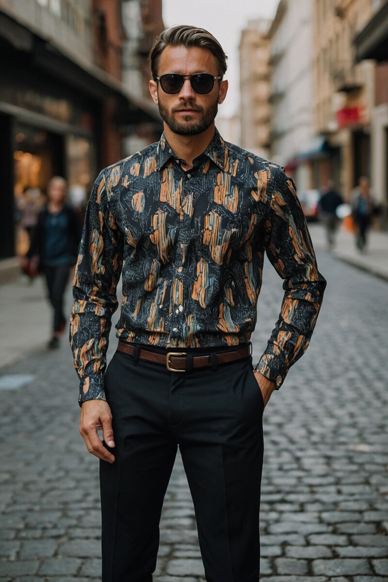 Patterned Dress Shirt With Black Pants 1