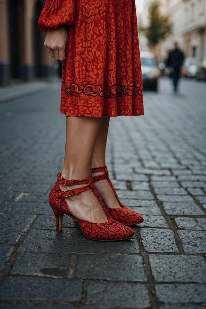 Red Dress With Patterns Shoes