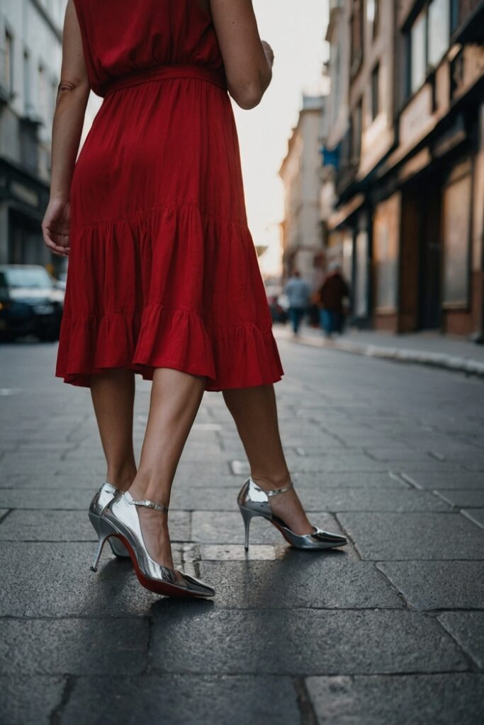 Red Dress With Silver Shoes