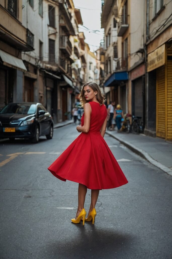 Red Dress With Yellow Shoes