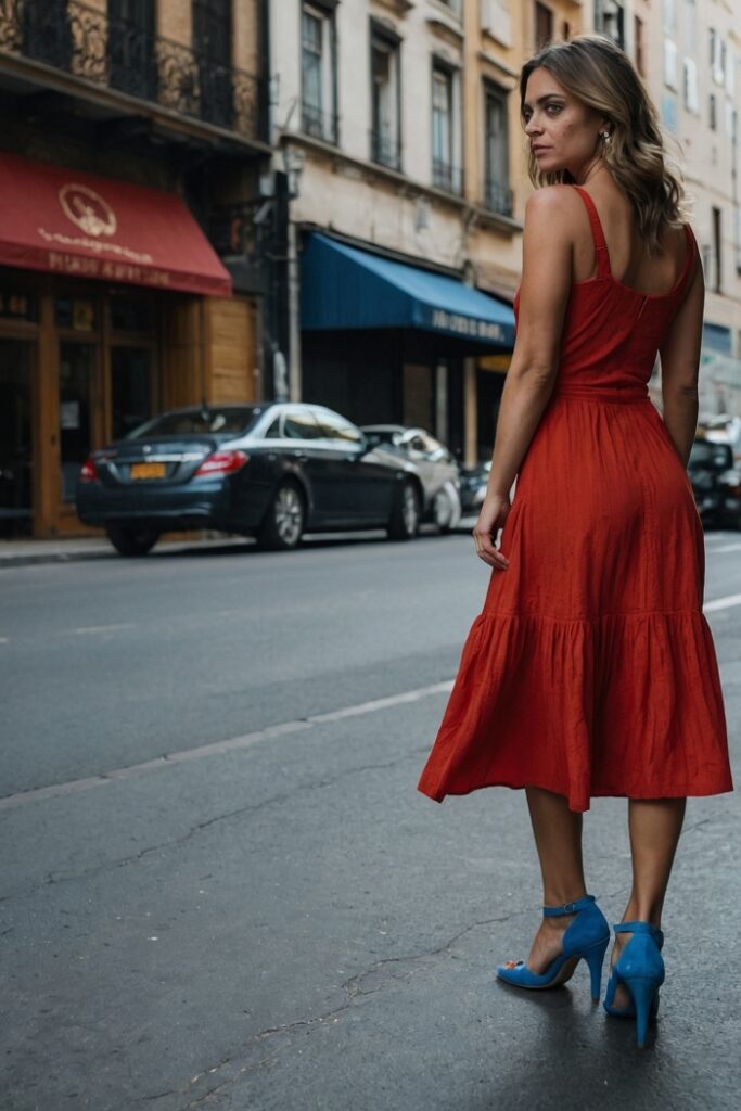 Red Dress With Woman Blue Shoes