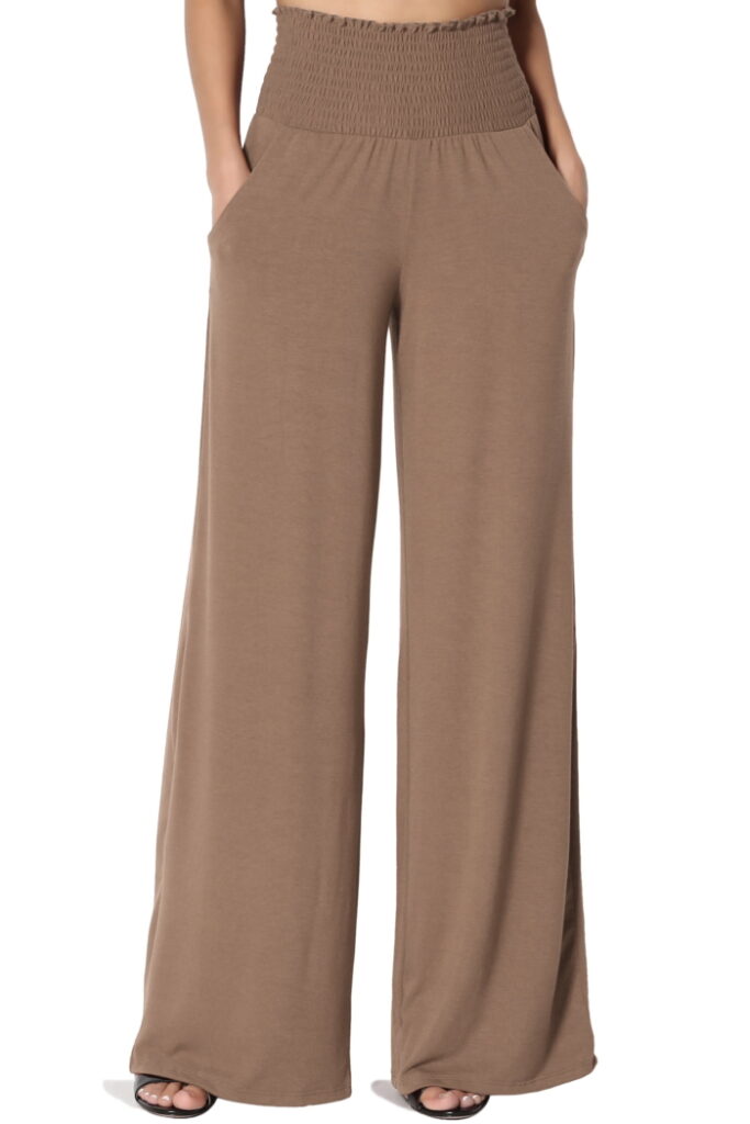 Brown Smocked Waist Wide-Leg Pants