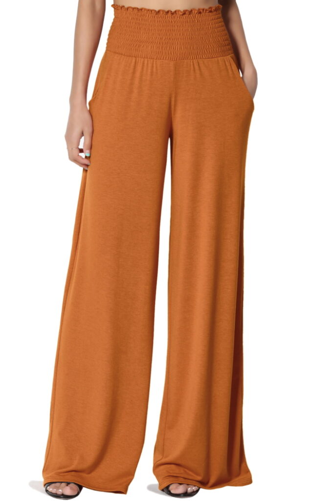 Rust Colored Smocked Waist Wide-Leg Pants