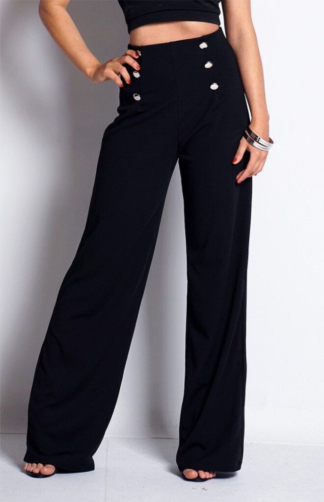 Navy Button-Detail Wide Leg Pants