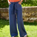 Blue Linen Wide-Leg Pants with Tie Waist