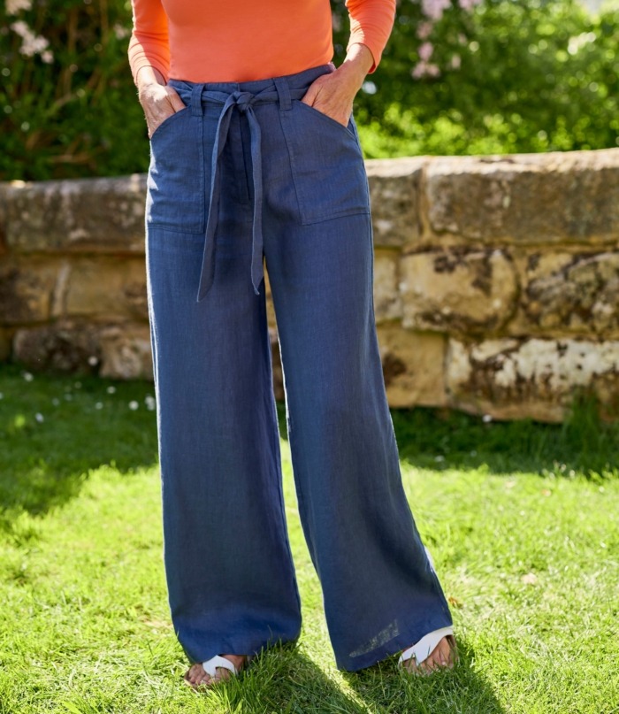 Blue Linen Wide-Leg Pants with Tie Waist