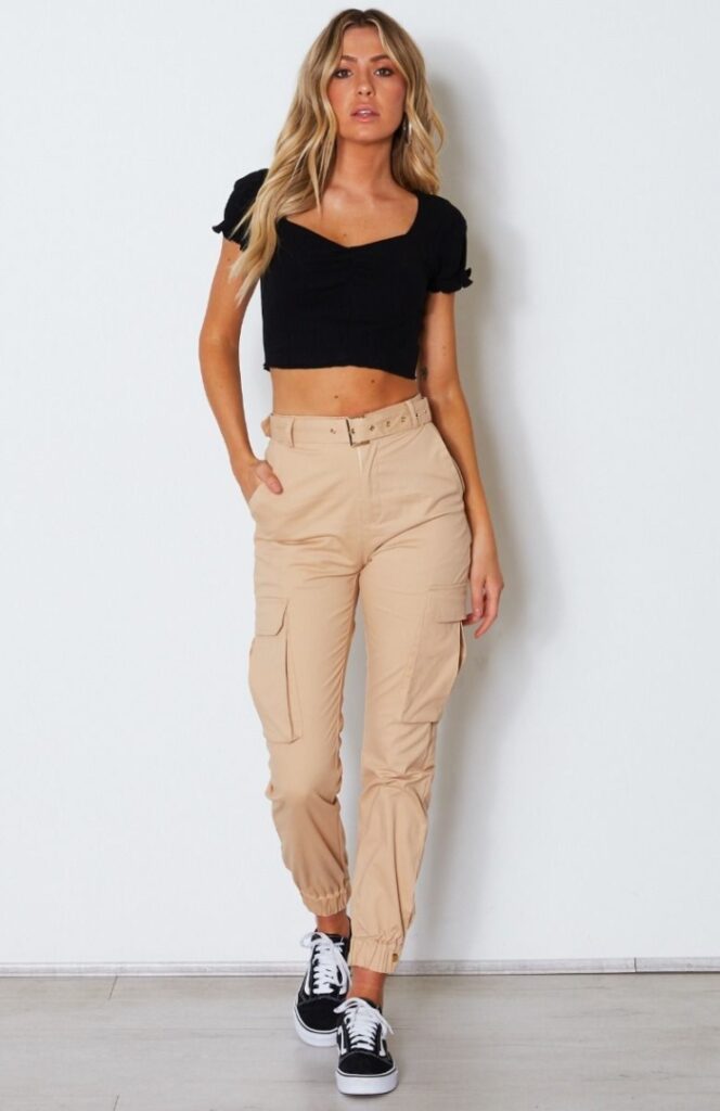 Black Cargo Pants with Tied Crop Top