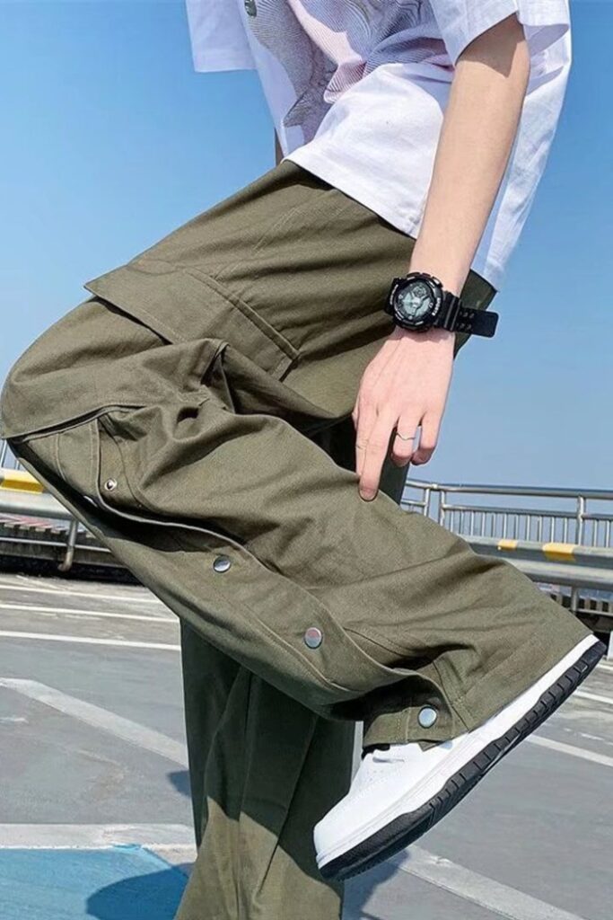 Relaxed Fit Olive Cargo Pants with Sneakers