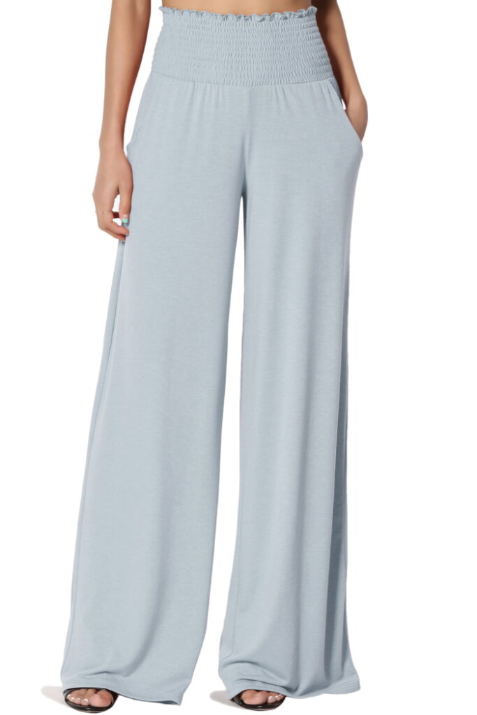 Light Blue Wide-Leg Pants with Smocked Waist