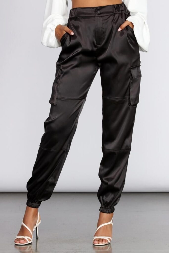 Satin Elegance in Black Cargos