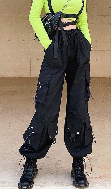 Futuristic Flair: Black Cargo with Unique Pockets